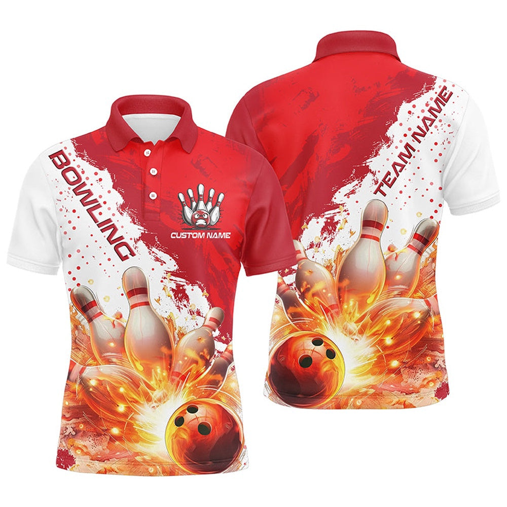 Custom Bowling Polo Shirts, Red Flame Strike Bowling Custom Team Shirts For Men And Women, Bowlers Outfit Bowling Team Jersey
