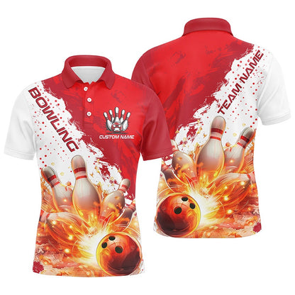Custom Bowling Polo Shirts, Red Flame Strike Bowling Custom Team Shirts For Men And Women, Bowlers Outfit Bowling Team Jersey