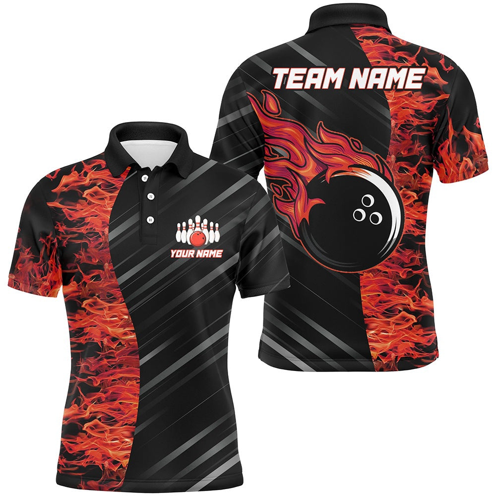 Custom Bowling Polo Shirts, Red Flames Bowling Jersey Men Women Custom Bowling Polo Shirt For Team
