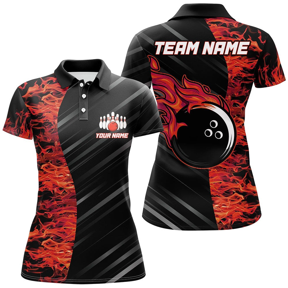Custom Bowling Polo Shirts, Red Flames Bowling Jersey Men Women Custom Bowling Polo Shirt For Team