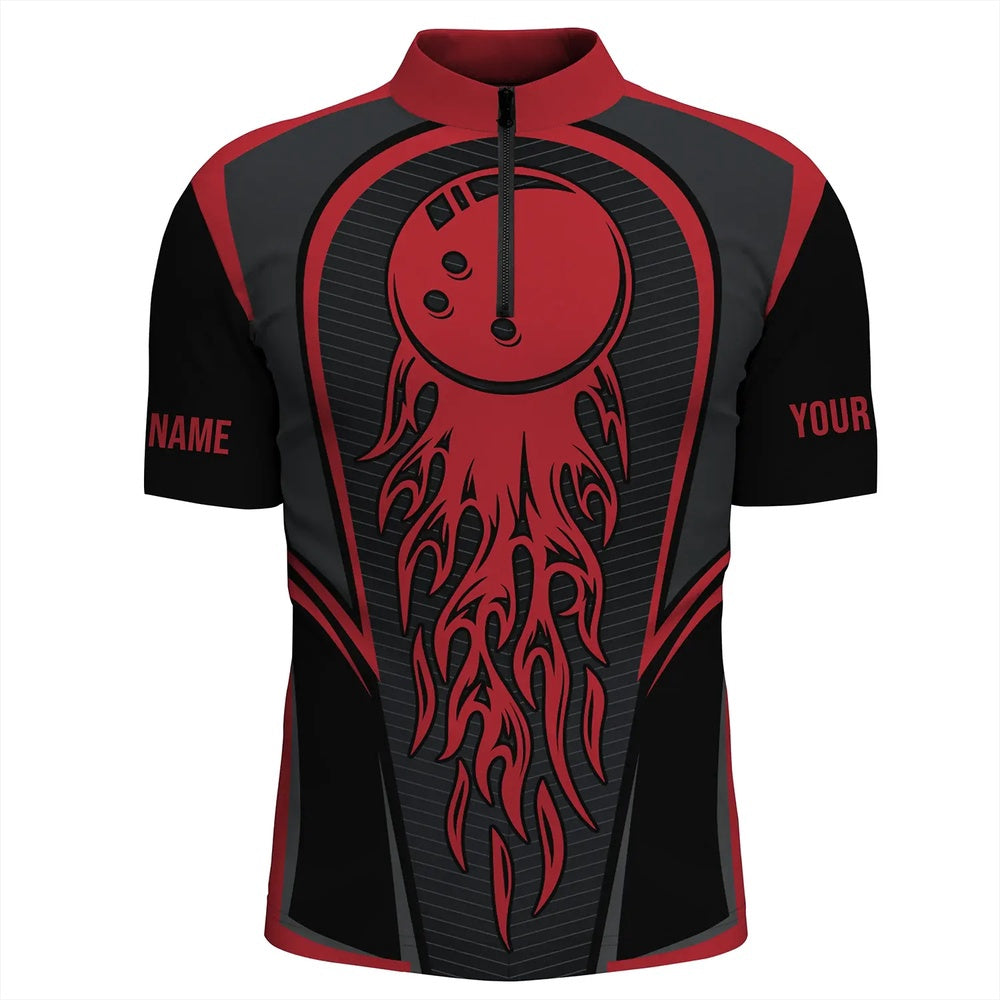 Custom Bowling Polo Shirts, Red Flaming Bowling Ball Custom Men'S Bowling Jerseys, Matching Team Bowling Shirts