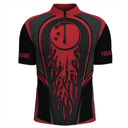 Custom Bowling Polo Shirts, Red Flaming Bowling Ball Custom Men'S Bowling Jerseys, Matching Team Bowling Shirts