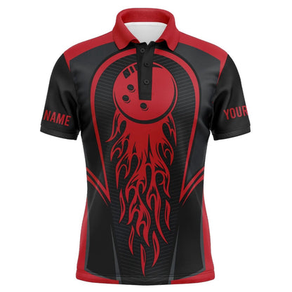 Custom Bowling Polo Shirts, Red Flaming Bowling Ball Custom Men'S Bowling Jerseys, Matching Team Bowling Shirts