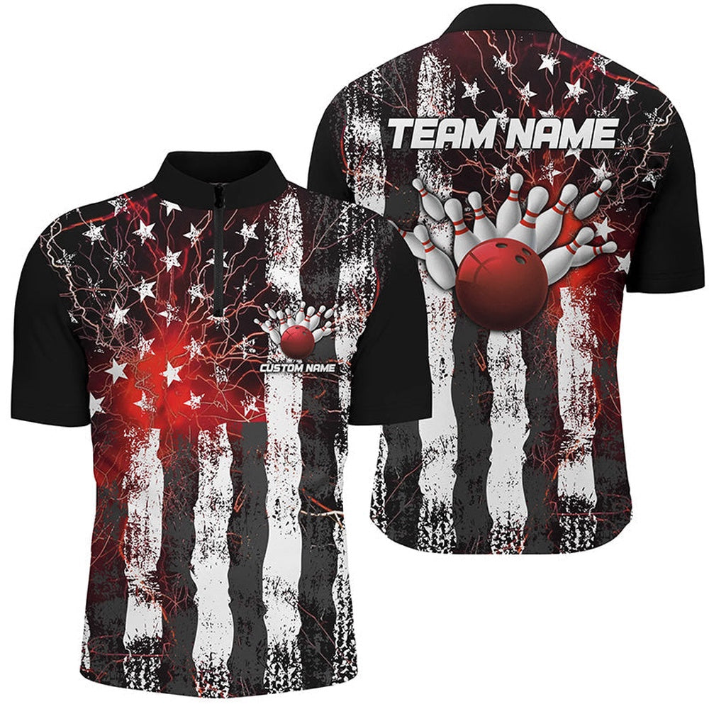 Custom Bowling Polo Shirts, Red Lightning American Flag Custom Unisex Bowling Team Jerseys, Patriotic Bowling Team Shirts