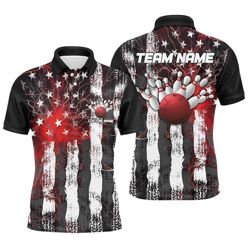 Custom Bowling Polo Shirts, Red Lightning American Flag Custom Unisex Bowling Team Jerseys, Patriotic Bowling Team Shirts