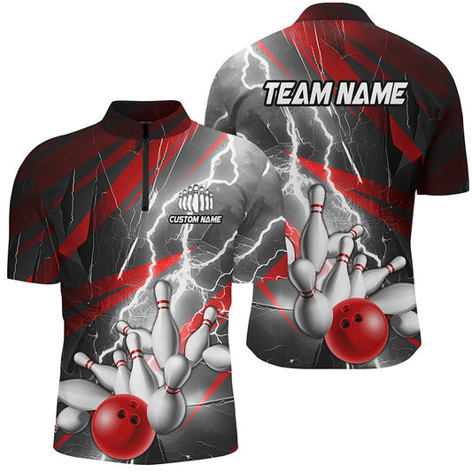 Custom Bowling Polo Shirts, Red Lightning Thunder Custom Bowling Team Jersey,Team Bowling Shirts For Men And Women