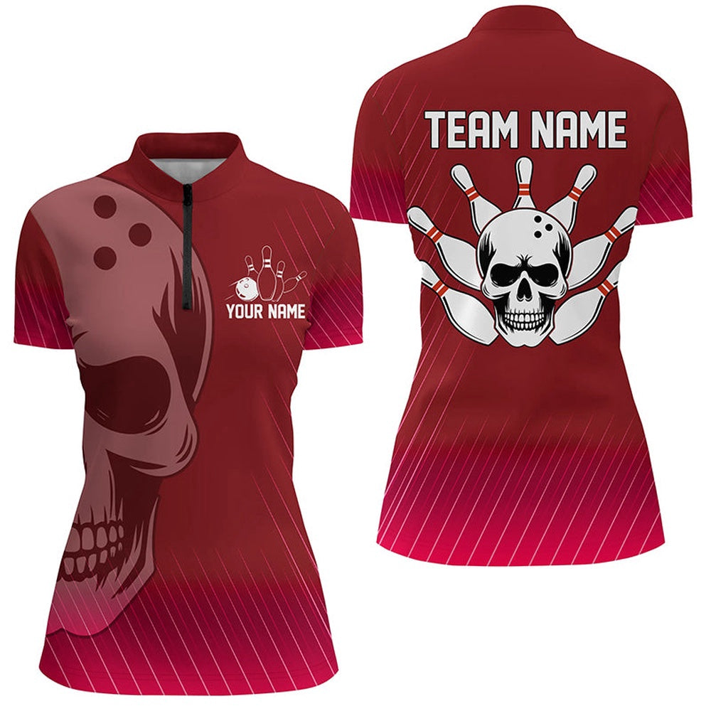 Custom Bowling Polo Shirts, Red Skull Bowling Shirts Men & Women Custom Bowling Team Jersey Unisex