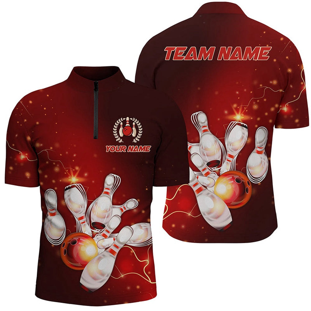 Custom Bowling Polo Shirts, Red Thunder Lightning Custom Bowling Shirts For Men, Personalized Bowling Team Jerseys