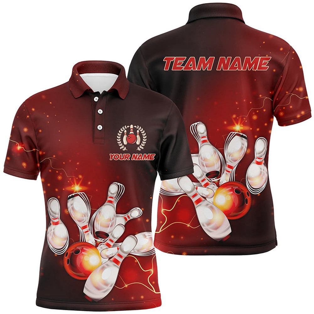 Custom Bowling Polo Shirts, Red Thunder Lightning Custom Bowling Shirts For Men, Personalized Bowling Team Jerseys