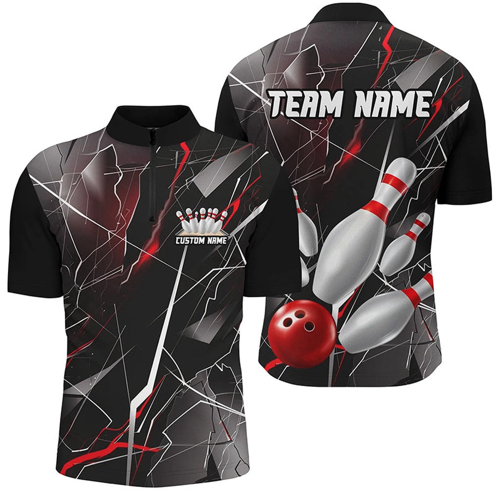 Custom Bowling Polo Shirts, Red Thunder Lightning Custom Bowling Team Shirts For Men And Women, Strike Bowling Jerseys