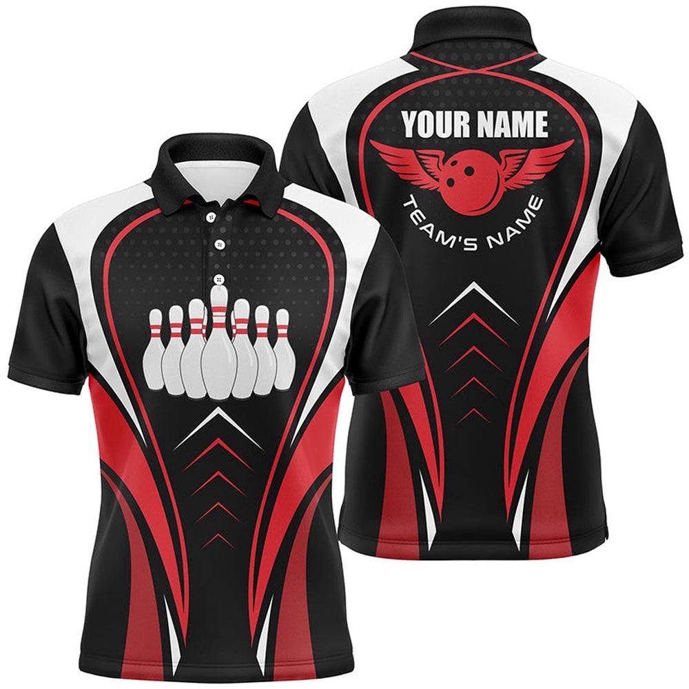 Custom Bowling Polo Shirts, Red White And Black Bowling Shirts For Men Bowling Team League Jerseys Custom Bowling Polo Shirts