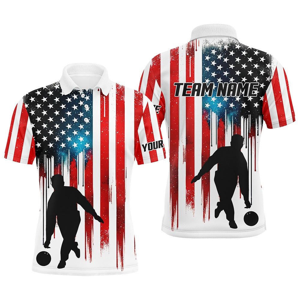 Custom Bowling Polo Shirts, Red White And Blue American Flag Bowling Polo Shirts For Men Custom Bowling Team Jerseys For Bowlers