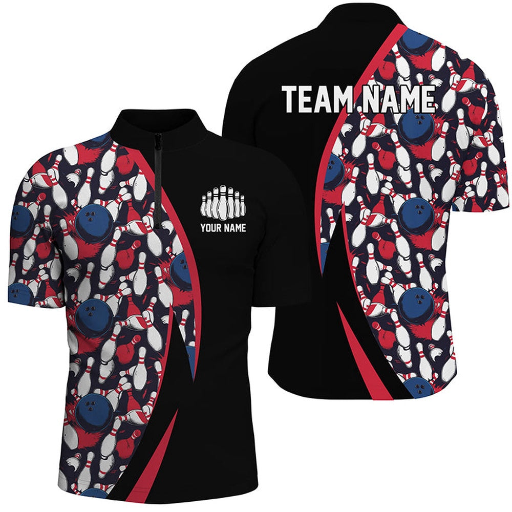 Custom Bowling Polo Shirts, Red, White And Blue Bowling Ball And Pins Pattern Custom Bowling Team Jerseys For Men