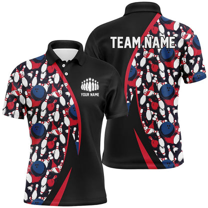 Custom Bowling Polo Shirts, Red, White And Blue Bowling Ball And Pins Pattern Custom Bowling Team Jerseys For Men