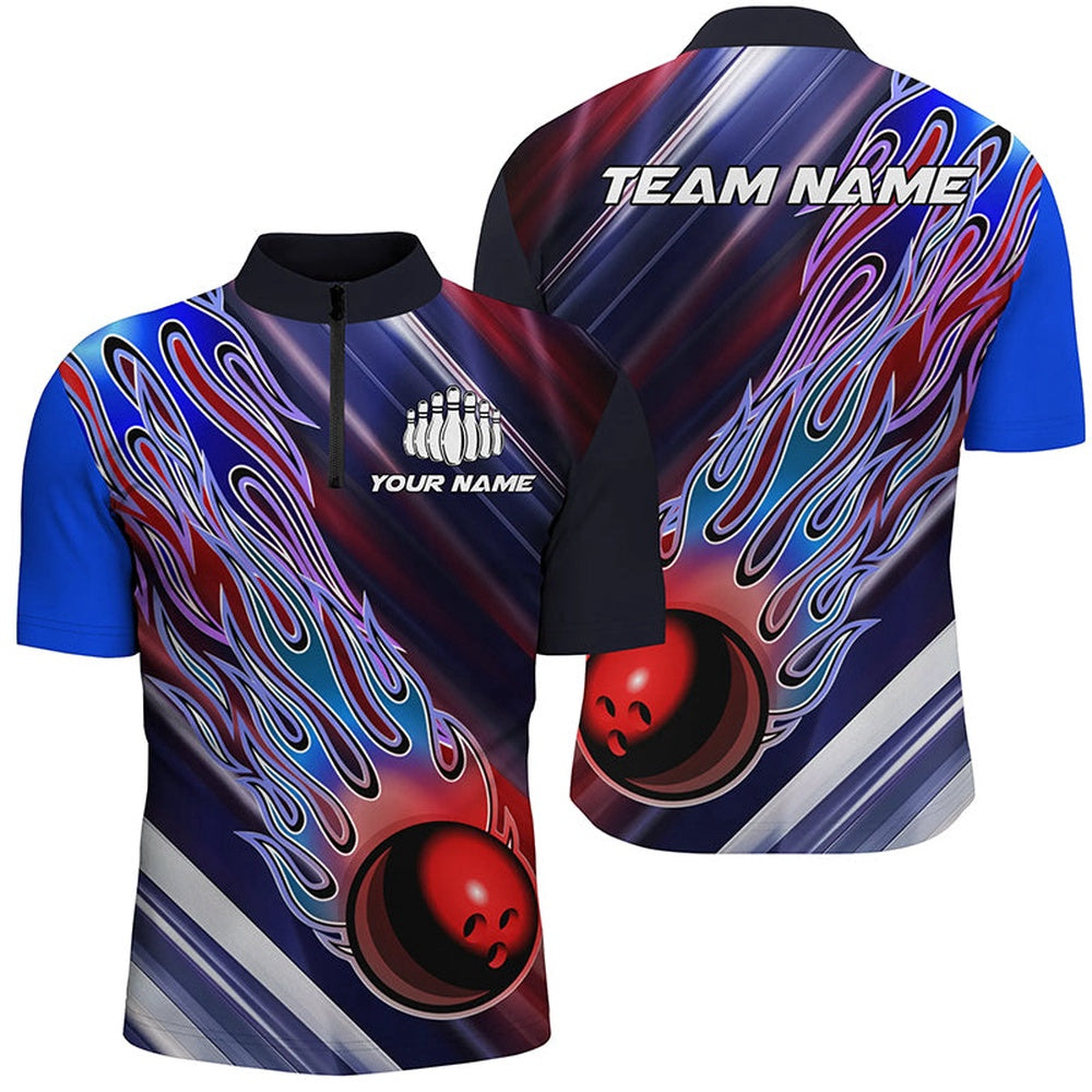Custom Bowling Polo Shirts, Red White And Blue Bowling Ball Flame Custom Bowling Team Shirts, Unisex Patriotic Bowling Jersey