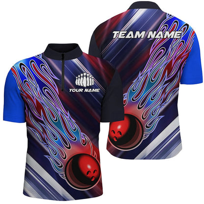 Custom Bowling Polo Shirts, Red White And Blue Bowling Ball Flame Custom Bowling Team Shirts, Unisex Patriotic Bowling Jersey