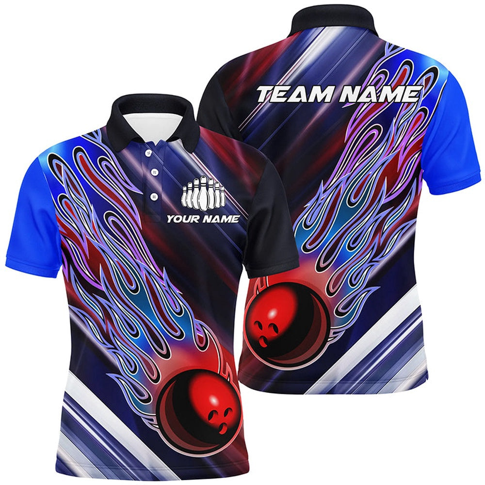 Custom Bowling Polo Shirts, Red White And Blue Bowling Ball Flame Custom Bowling Team Shirts, Unisex Patriotic Bowling Jersey