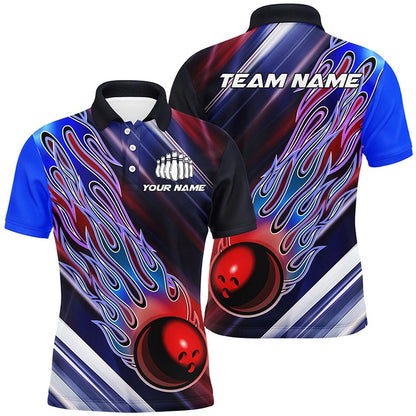 Custom Bowling Polo Shirts, Red White And Blue Bowling Ball Flame Custom Bowling Team Shirts, Unisex Patriotic Bowling Jersey