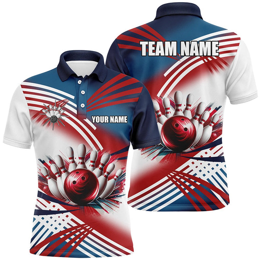 Custom Bowling Polo Shirts, Red, White And Blue Mens Bowling Polo Shirts Custom Bowling Ball And Pins Team Bowling Shirts For Men