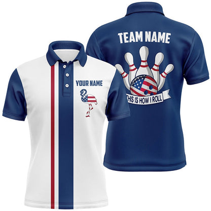 Custom Bowling Polo Shirts, Red White And Blue Retro Bowling Polo Shirts For Men Custom American Flag Flamingo Bowling Jerseys