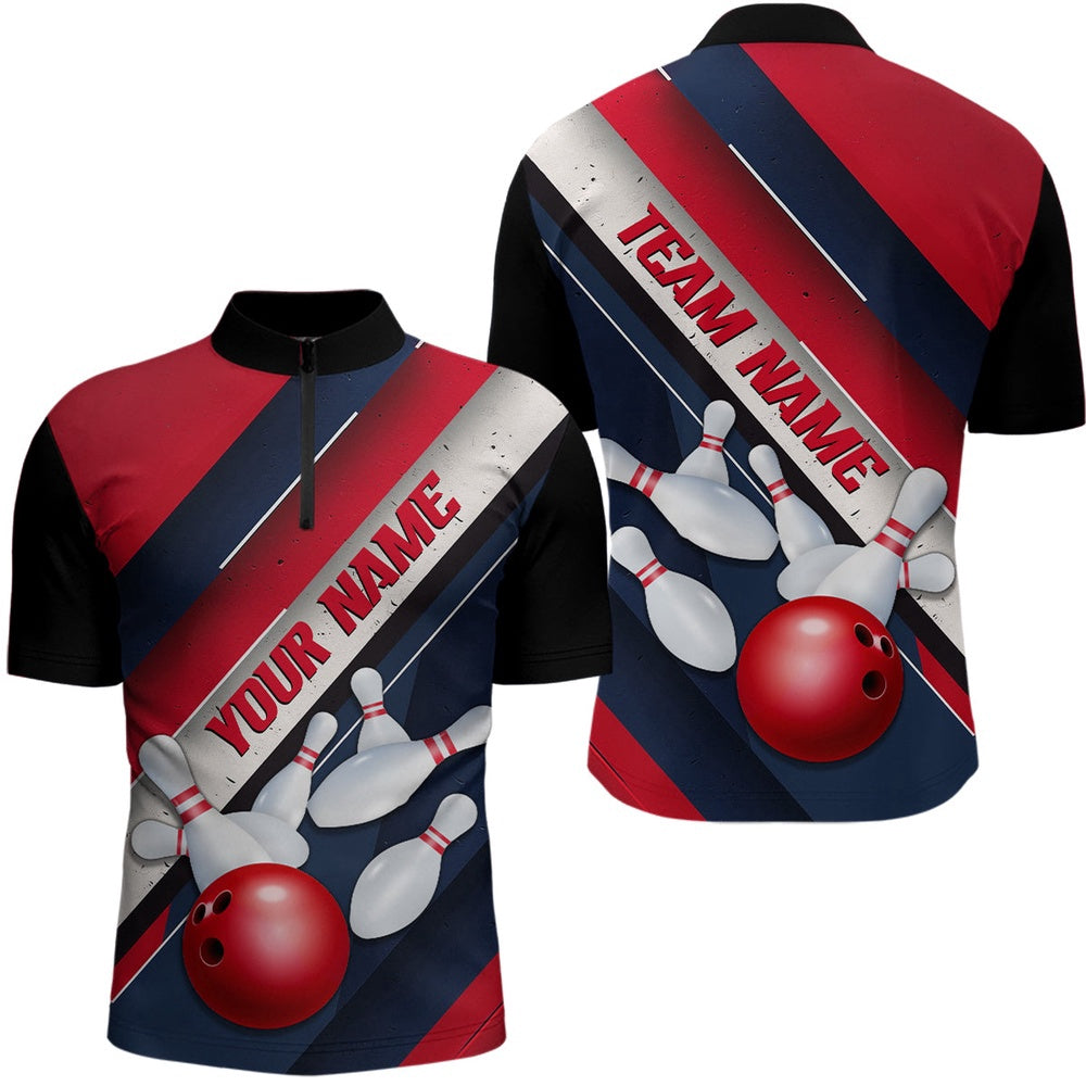 Custom Bowling Polo Shirts, Red, White And Blue Striped Lines Custom Unisex Bowling Team Shirts, Patriotic Bowling Jerseys