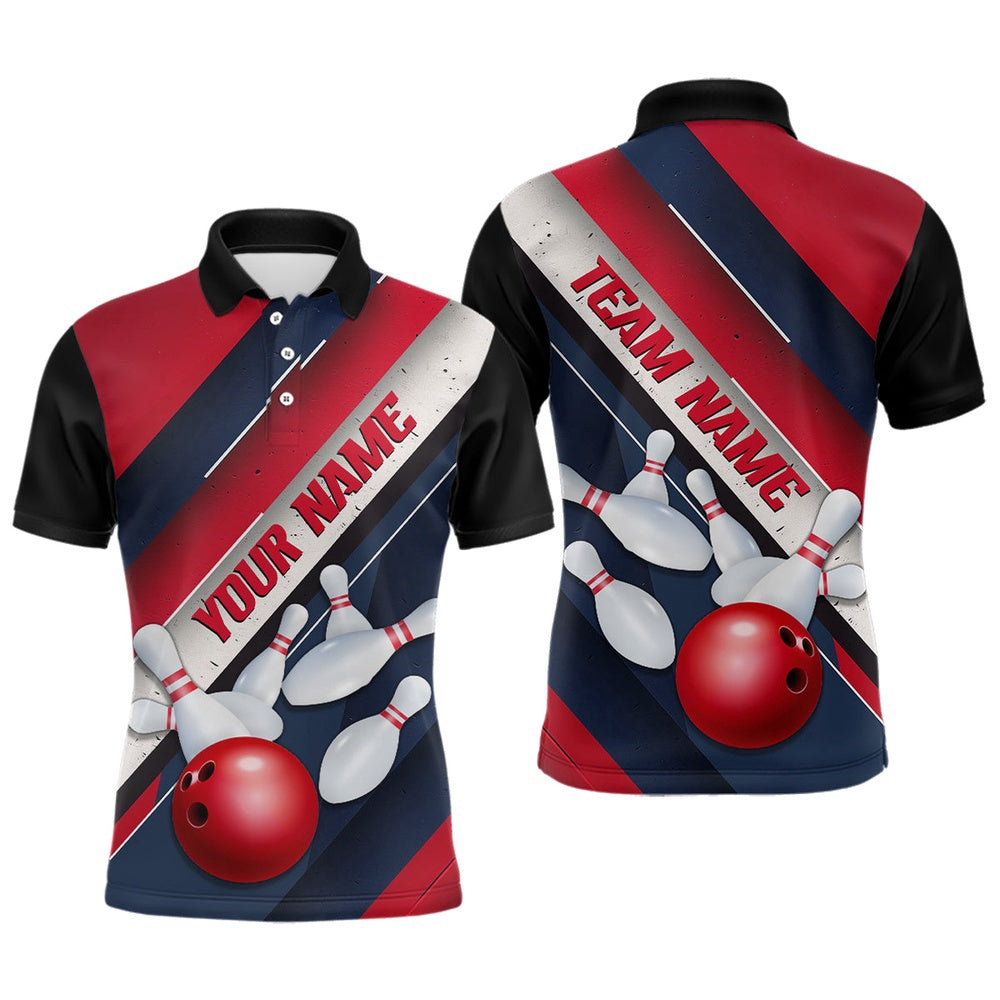 Custom Bowling Polo Shirts, Red, White And Blue Striped Lines Custom Unisex Bowling Team Shirts, Patriotic Bowling Jerseys