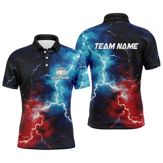 Custom Bowling Polo Shirts, Red, White And Blue Thunder Lightning Bowling Polo Shirts For Men, Patriotic Bowling Team Jerseys