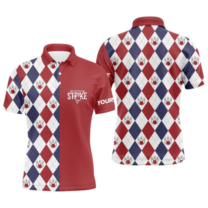 Custom Bowling Polo Shirts, Red White Blue Argyle Plaid Pattern Mens Bowling Polo Shirt Custom Bowling Strike Team Jerseys