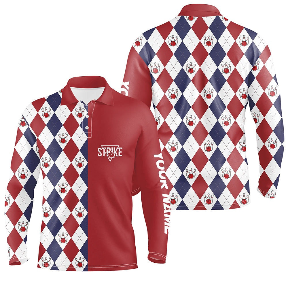 Custom Bowling Polo Shirts, Red White Blue Argyle Plaid Pattern Mens Bowling Polo Shirt Custom Bowling Strike Team Jerseys