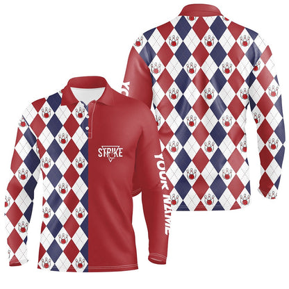 Custom Bowling Polo Shirts, Red White Blue Argyle Plaid Pattern Mens Bowling Polo Shirt Custom Bowling Strike Team Jerseys