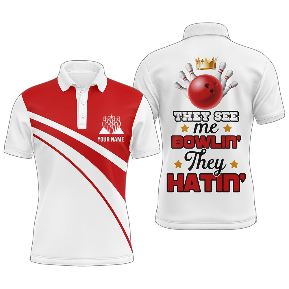 Custom Bowling Polo Shirts, Red&White Bowling Polo Shirt Funny Personalized Bowling Shirt Men Custom Bowling Jersey For Team