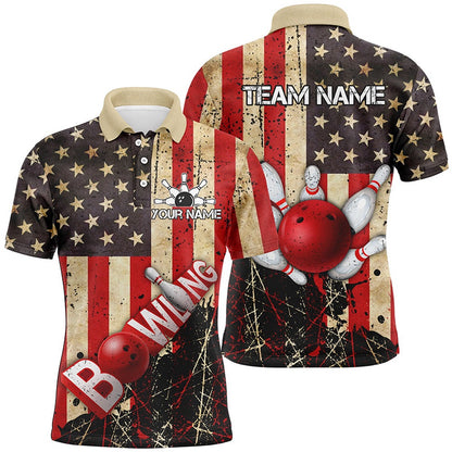Custom Bowling Polo Shirts, Retro American Flag Mens Bowling Polo Shirts Custom Bowling Team Jerseys, Gifts For Bowlers