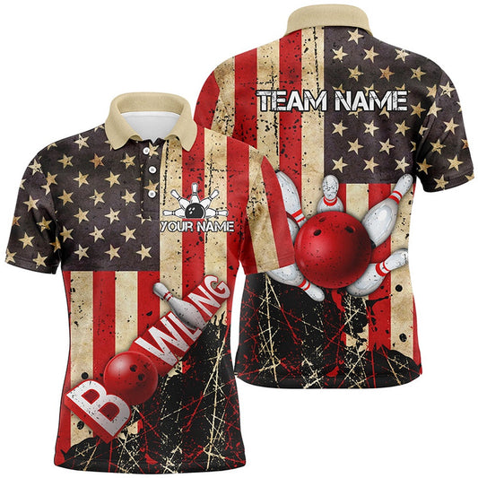 Custom Bowling Polo Shirts, Retro American Flag Mens Bowling Polo Shirts Custom Bowling Team Jerseys, Gifts For Bowlers
