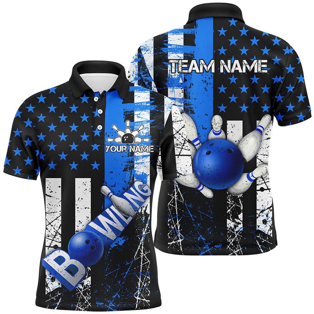 Custom Bowling Polo Shirts, Retro American Flag Mens Bowling Polo Shirts Custom Bowling Team Jerseys, Gifts For Bowlers Blue