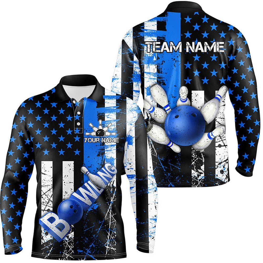 Custom Bowling Polo Shirts, Retro American Flag Mens Bowling Polo Shirts Custom Bowling Team Jerseys, Gifts For Bowlers Blue
