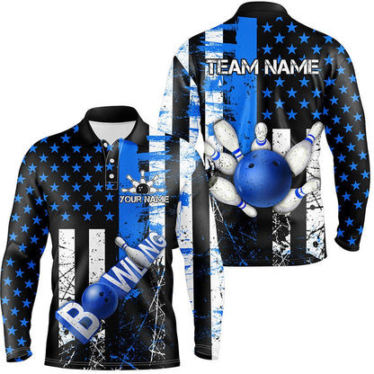 Custom Bowling Polo Shirts, Retro American Flag Mens Bowling Polo Shirts Custom Bowling Team Jerseys, Gifts For Bowlers Blue