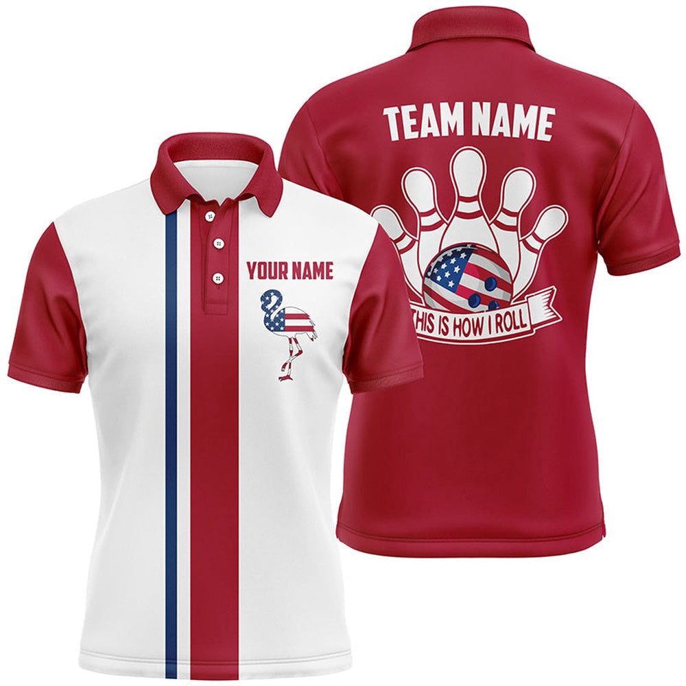 Custom Bowling Polo Shirts, Retro Bowling Polo Shirts For Men Custom Patriotic American Flag Flamingo Bowling Jerseys
