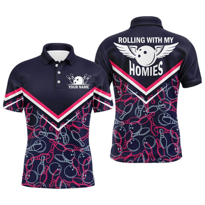 Custom Bowling Polo Shirts, Rolling With My Homies Personalized Polo Bowling Shirt For Men, Bowling Pattern Jersey Short Sleeve