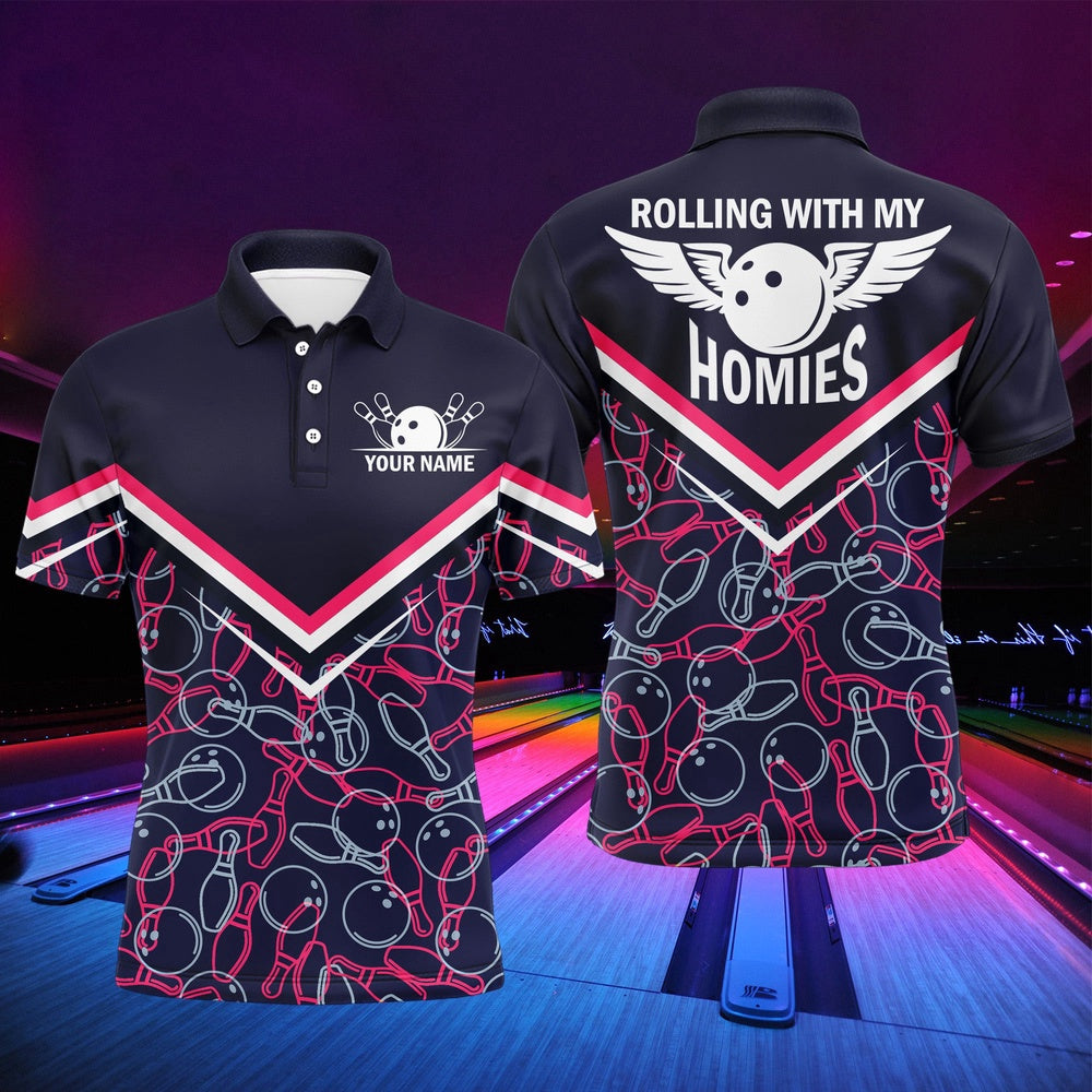 Custom Bowling Polo Shirts, Rolling With My Homies Personalized Polo Bowling Shirt For Men, Bowling Pattern Jersey Short Sleeve