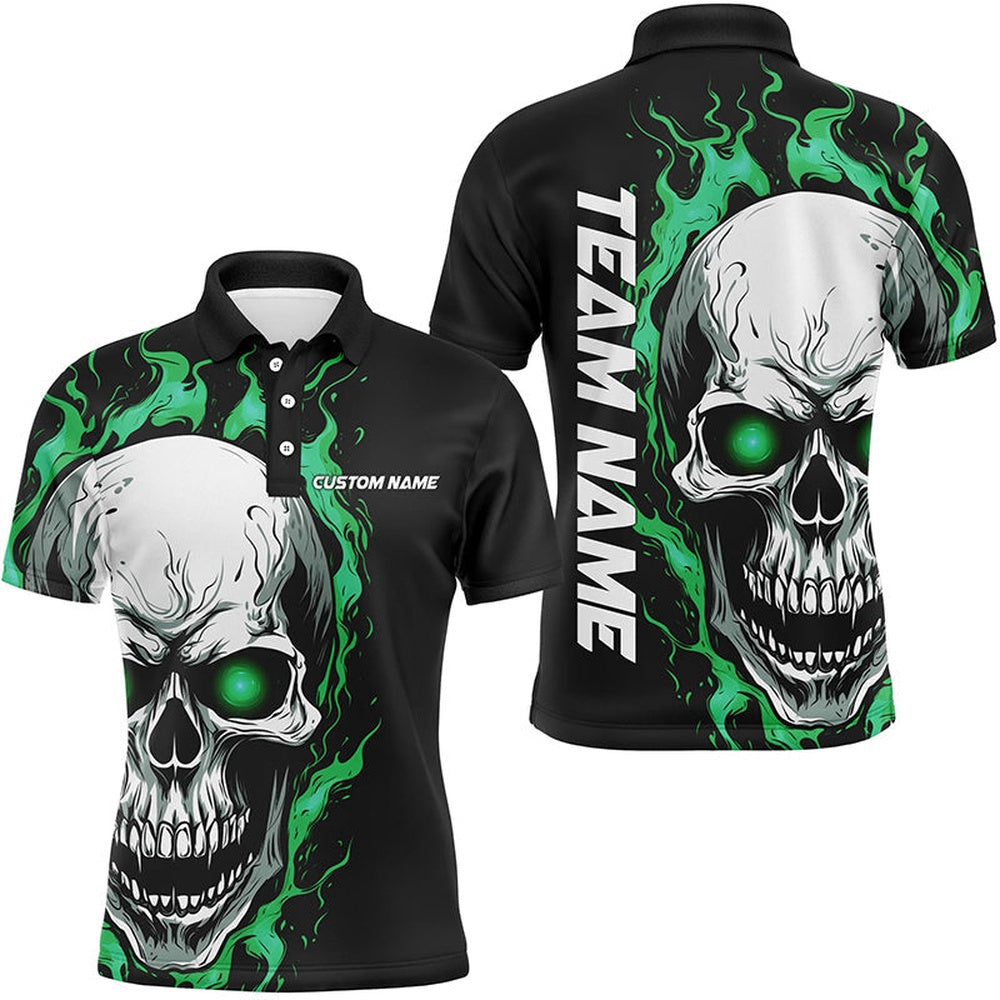 Custom Bowling Polo Shirts, Sea Foam Green Flame Skull Sport Jerseys, Custom Team Bowling Polo Shirts For Men, Bowler Outfits