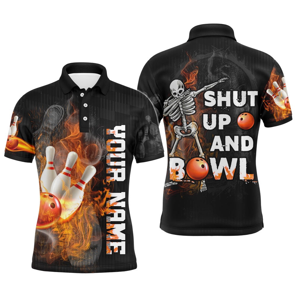 Custom Bowling Polo Shirts, Shut Up And Bowl Funny Polo Bowling Shirt Men Personalized Flame Skull Bowler Jersey