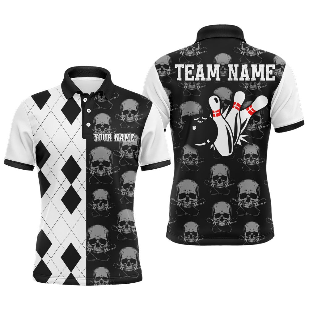 Custom Bowling Polo Shirts, Skull Bowling Jersey Team League Custom Black Bowling Shirt Men Bowling Polo Shirt