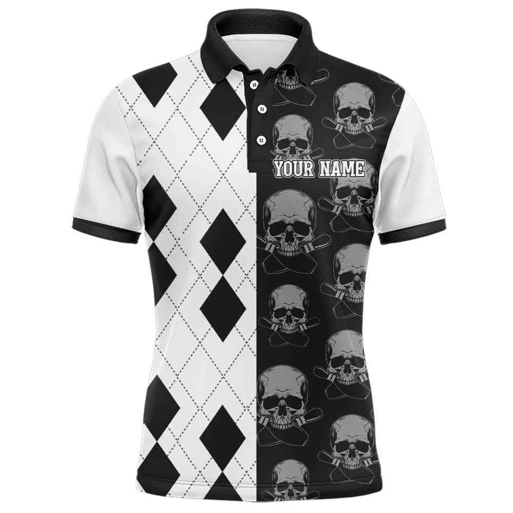 Custom Bowling Polo Shirts, Skull Bowling Jersey Team League Custom Black Bowling Shirt Men Bowling Polo Shirt