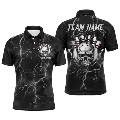 Custom Bowling Polo Shirts, Skull Bowling League Shirt Men Bowling Jersey Team Lightning Thunder Bowling Polo Shirt