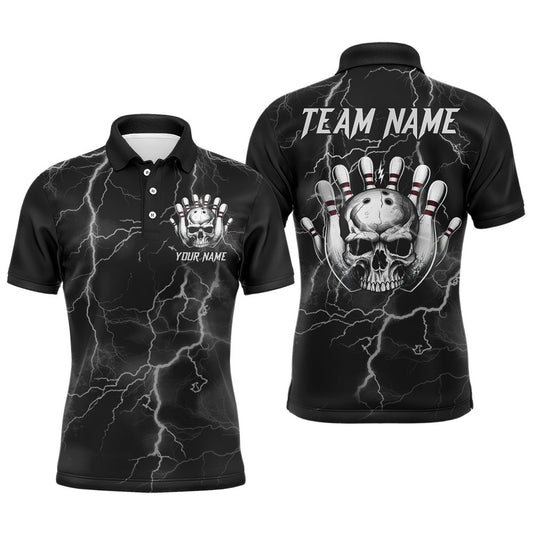 Custom Bowling Polo Shirts, Skull Bowling League Shirt Men Bowling Jersey Team Lightning Thunder Bowling Polo Shirt