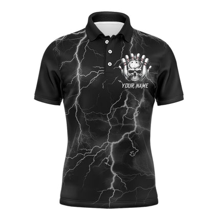 Custom Bowling Polo Shirts, Skull Bowling League Shirt Men Bowling Jersey Team Lightning Thunder Bowling Polo Shirt