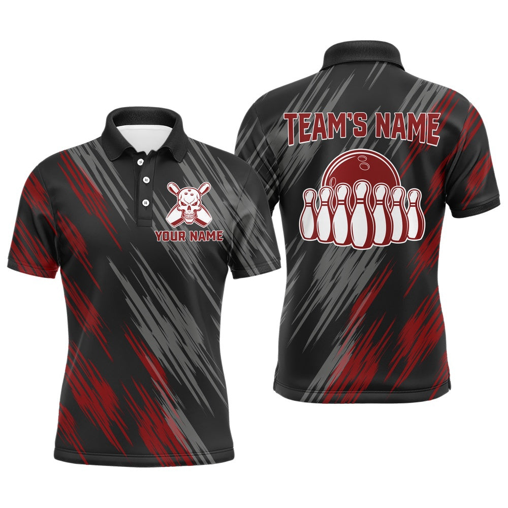 Custom Bowling Polo Shirts, Skull Bowling Polo Shirt For Men Black&Red Bowling Jersey Bowling Team Shirt