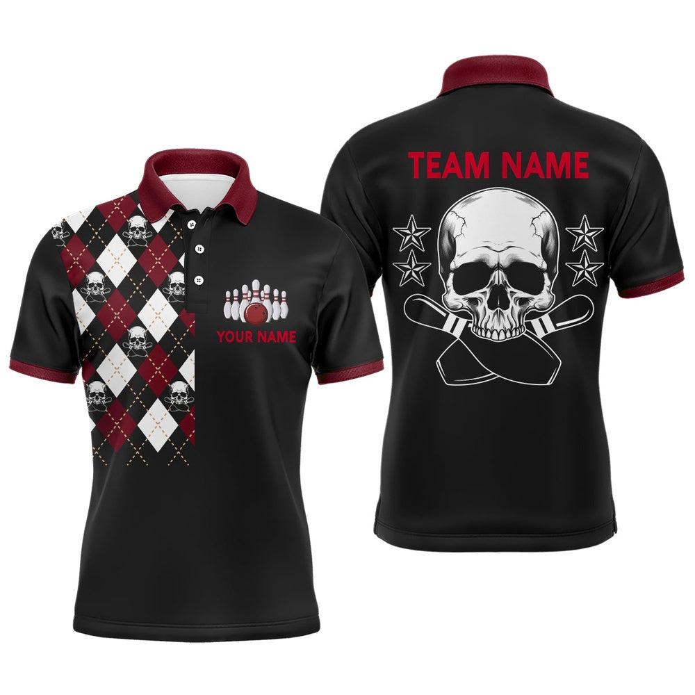 Custom Bowling Polo Shirts, Skull Bowling Polo Shirt For Men Custom Bowling Jersey With Name Black Bowling Team Shirt For Men