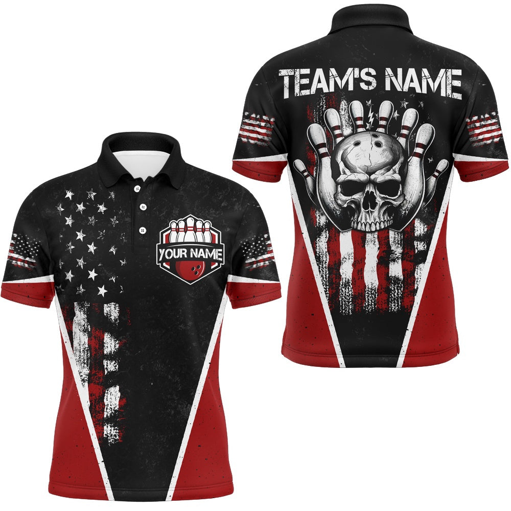 Custom Bowling Polo Shirts, Skull Bowling Polo Shirt Personalized American Bowling Team Jersey For Men & Women