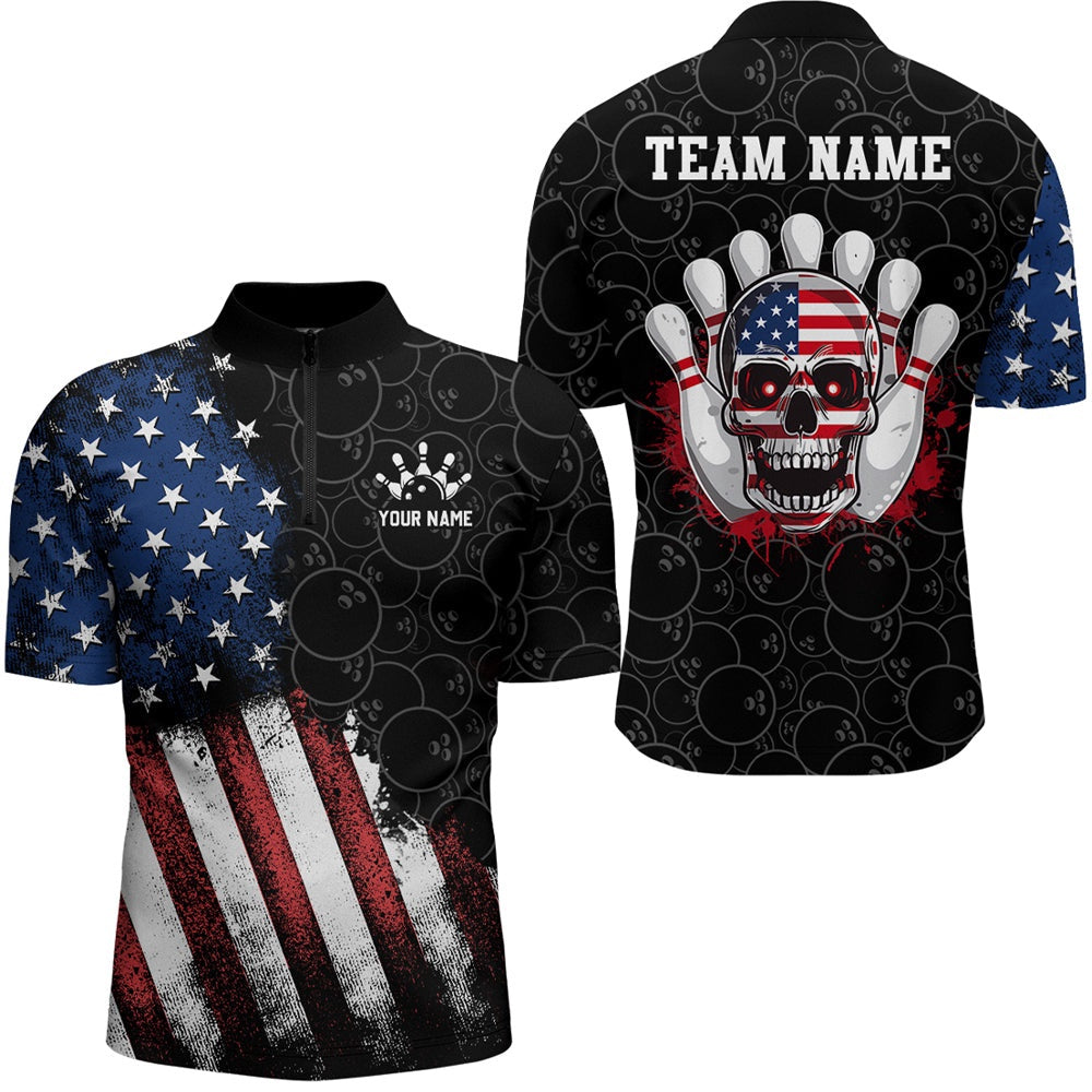 Custom Bowling Polo Shirts, Skull Bowling Polo Shirt Us Flag Bowling Jersey Men Bowling Camo Bowling Customized